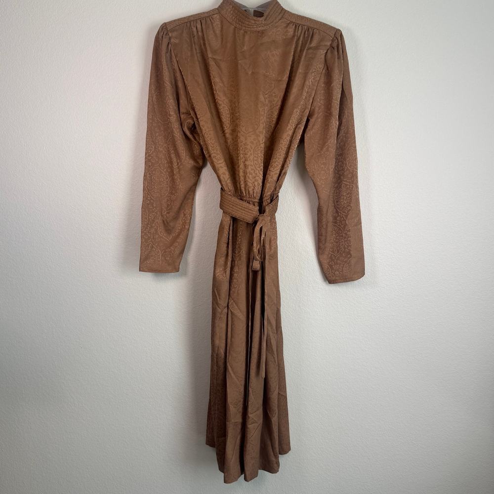 Rare Vintage 1970s Vintage LANVIN Midi Dress Size 10 Brown Copper Floral Belted